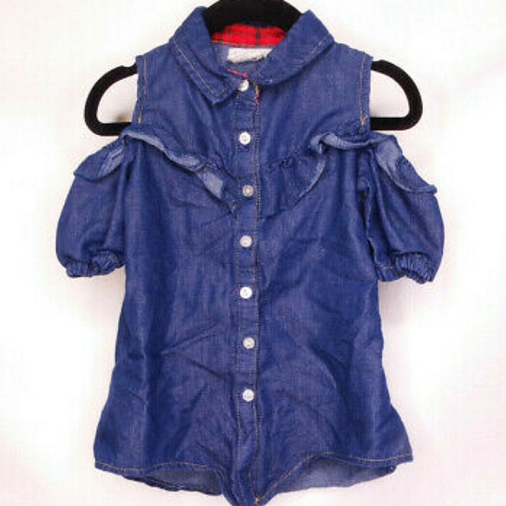 One Step Up Toddler Girls 2T Cold Shoulder Blue Chambray Button Up Blouse Top